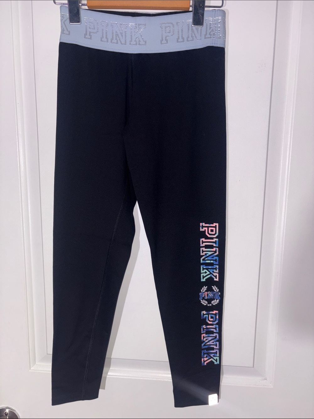 PINK Victoria's Secret Black Logo Leggings with Light Blue Waistband